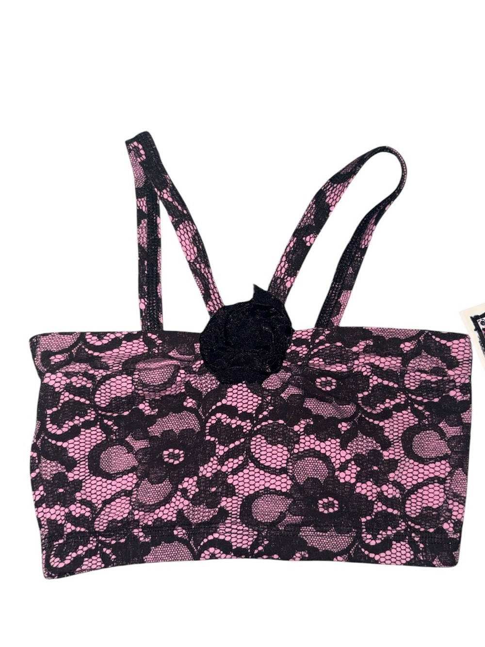 Pink and Black Lace Dance Crop Top with Rosette